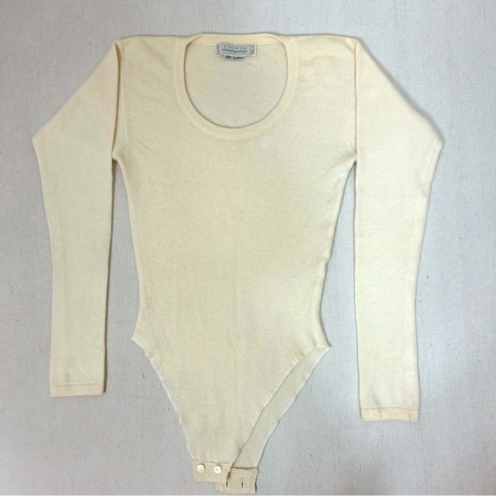 SHIRIN Vintage White Knit 100% Pure Cashmere Bodysuit Sweater